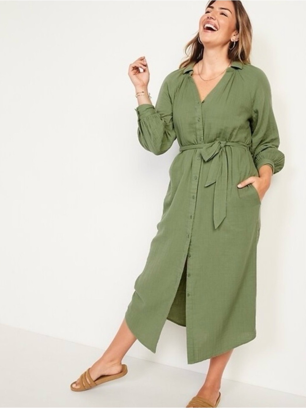 🍃OLD NAVY Olive Green Crinkle Gauze midi shirt Dress Plus Size Long Sleeves Tie